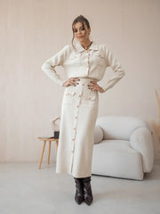 Elegant Knit Viscose Long Sleeve Blazer Skirt Two Piece Set