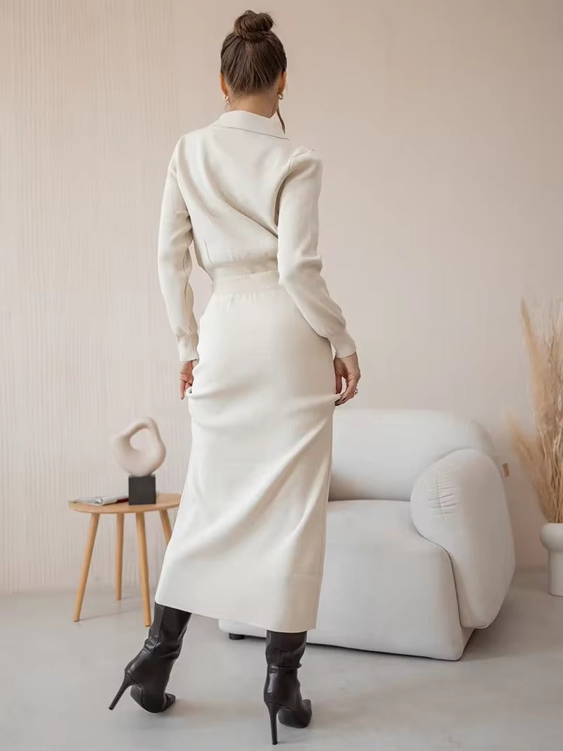Elegant Knit Viscose Long Sleeve Blazer Skirt Two Piece Set