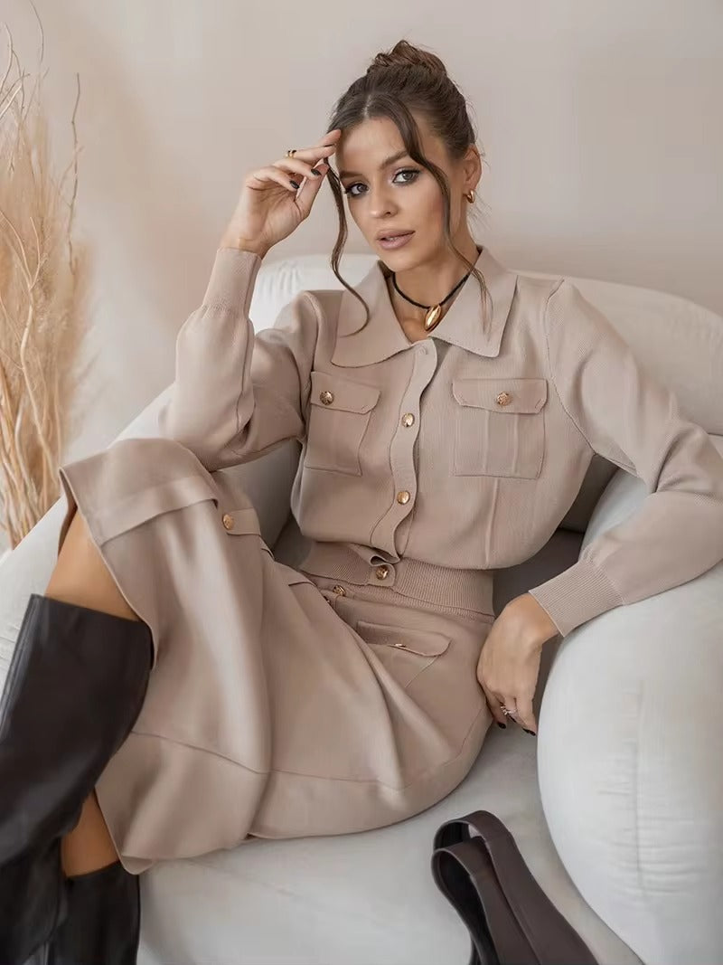 Elegant Knit Viscose Long Sleeve Blazer Skirt Two Piece Set