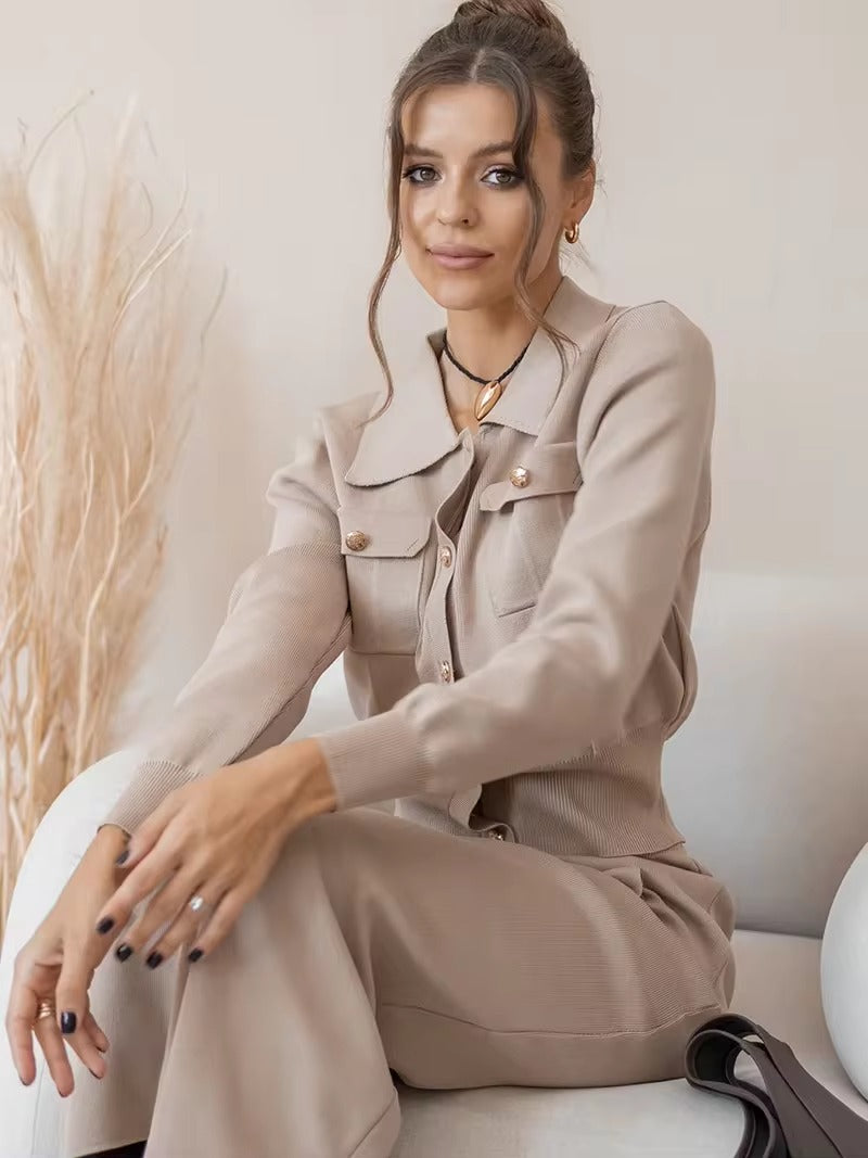 Elegant Knit Viscose Long Sleeve Blazer Skirt Two Piece Set