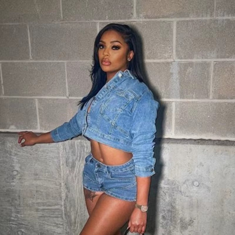 Elegant Lapel Long Sleeve Single Breasted Jackets and Shorts Stretch Denim 2 Piece Set