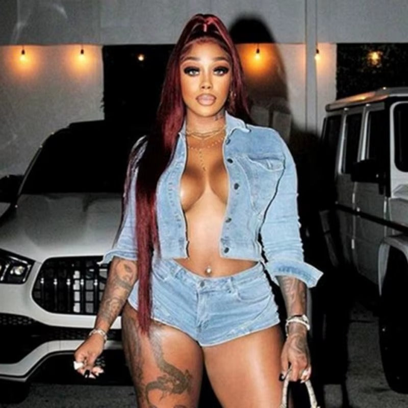 Elegant Lapel Long Sleeve Single Breasted Jackets and Shorts Stretch Denim 2 Piece Set