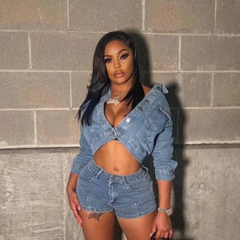 Elegant Lapel Long Sleeve Single Breasted Jackets and Shorts Stretch Denim 2 Piece Set