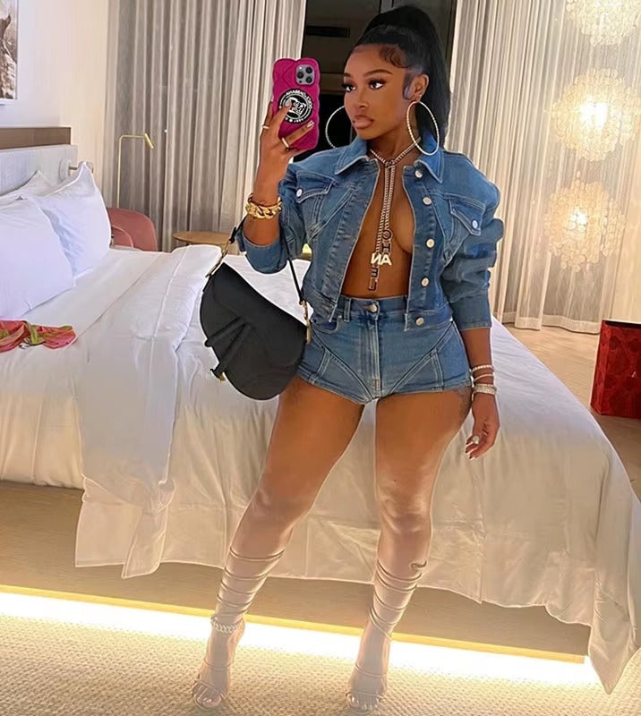Elegant Lapel Long Sleeve Single Breasted Jackets and Shorts Stretch Denim 2 Piece Set