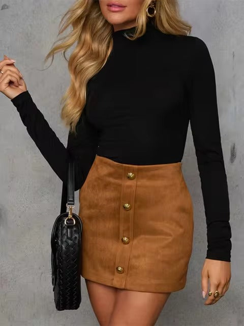 Elegant Lapel Long Sleeve With Pocket Suede Jacket Mini Skirt Suit Sets