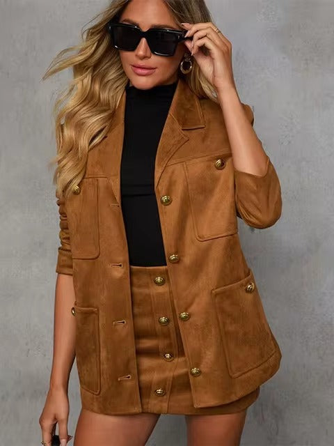 Elegant Lapel Long Sleeve With Pocket Suede Jacket Mini Skirt Suit Sets