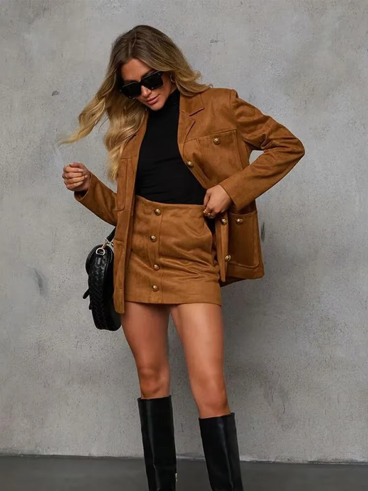 Elegant Lapel Long Sleeve With Pocket Suede Jacket Mini Skirt Suit Sets