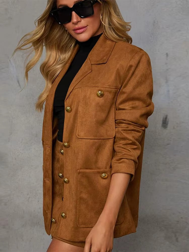 Elegant Lapel Long Sleeve With Pocket Suede Jacket Mini Skirt Suit Sets