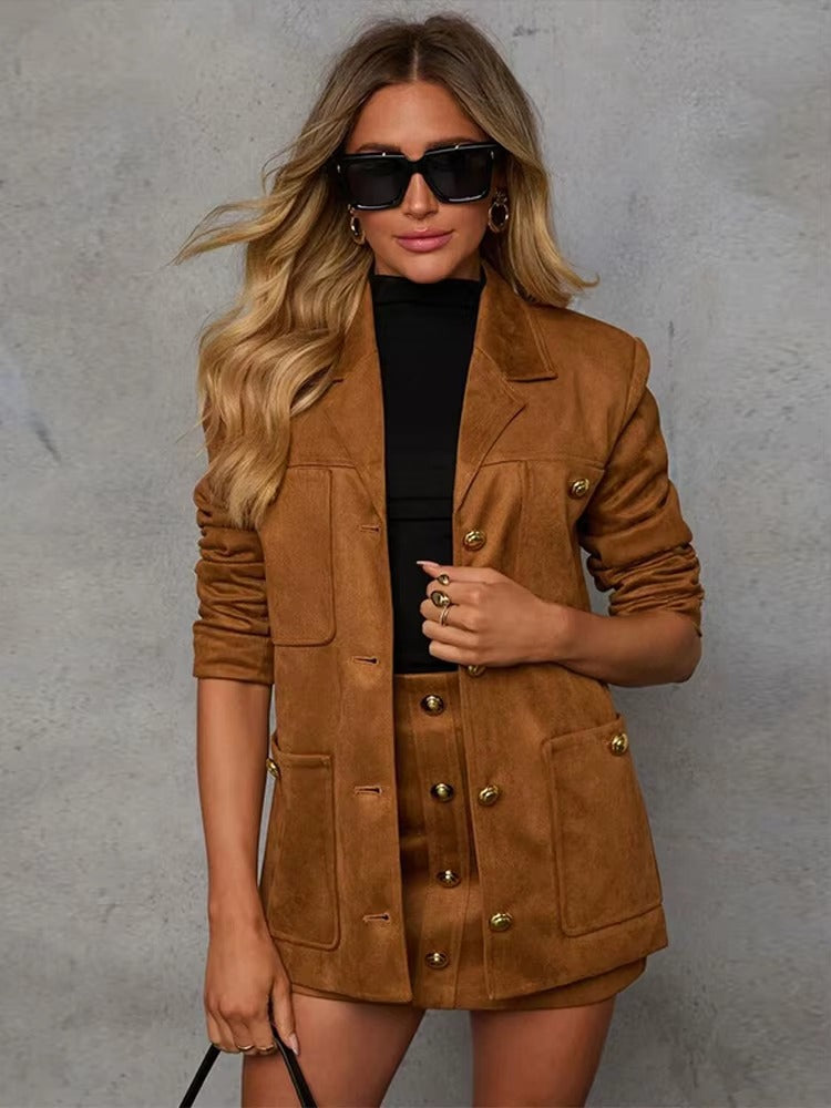 Elegant Lapel Long Sleeve With Pocket Suede Jacket Mini Skirt Suit Sets