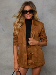 Elegant Lapel Long Sleeve With Pocket Suede Jacket Mini Skirt Suit Sets