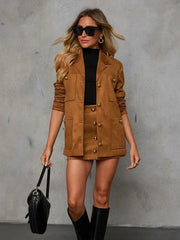 Elegant Lapel Long Sleeve With Pocket Suede Jacket Mini Skirt Suit Sets