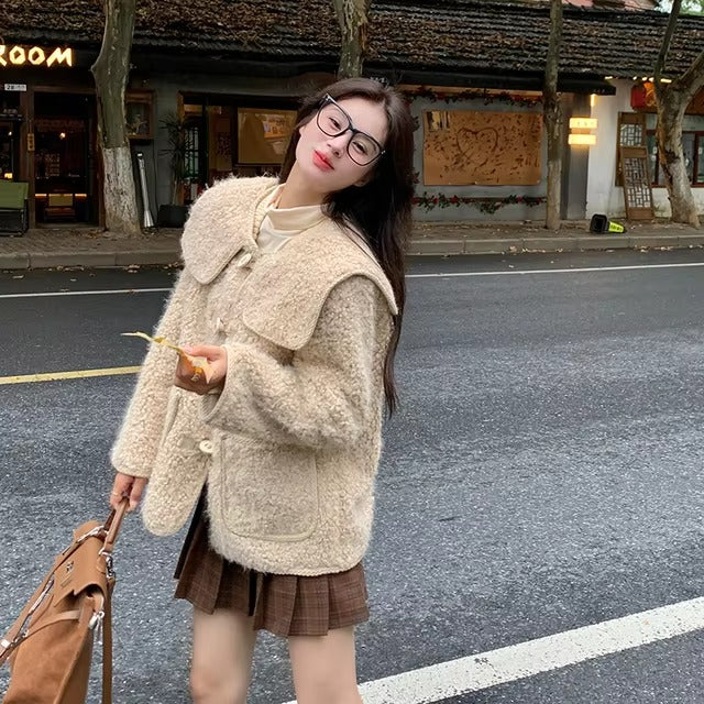 Elegant Lapel Spliced Pockets Single Breasted Warm Jackets