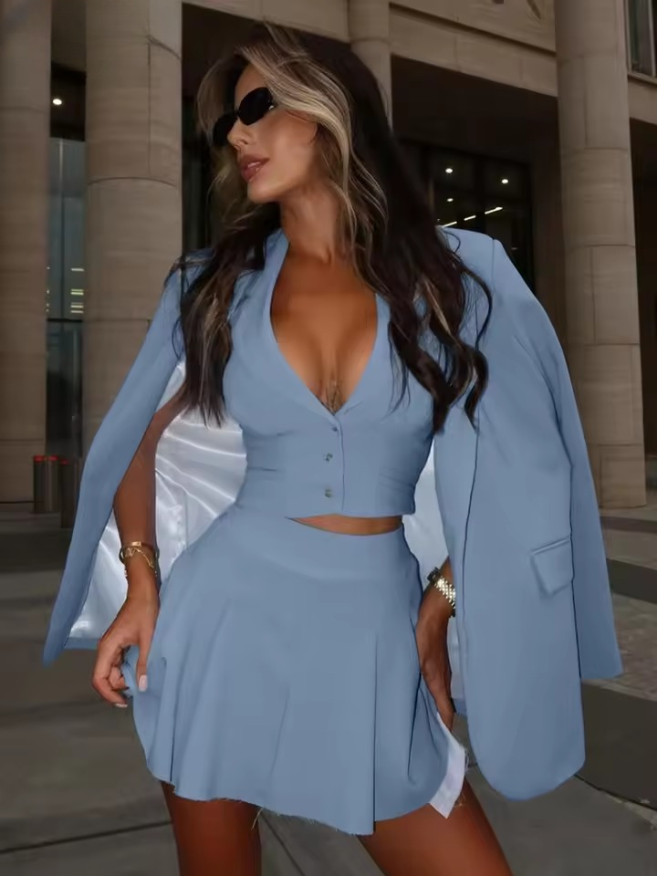 Elegant Long Sleeve Blazer Crop Top With High Waist Mini Skirt Office 3 Piece Sets