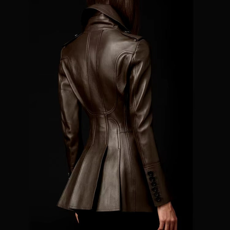 Elegant Long Sleeve Double Breasted Pu Leather Office Lady Jacket