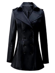 Elegant Long Sleeve Double Breasted Pu Leather Office Lady Jacket