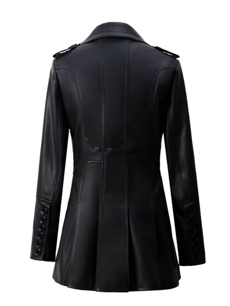Elegant Long Sleeve Double Breasted Pu Leather Office Lady Jacket