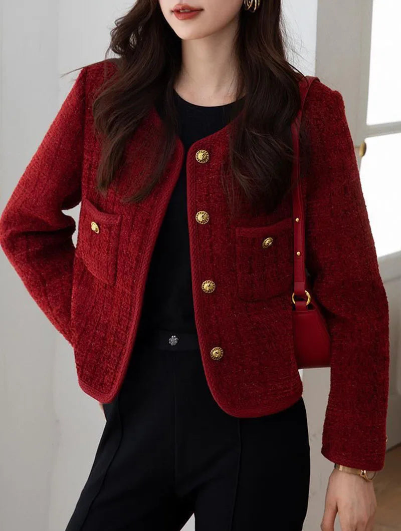 Elegant Single Breasted Long Sleeve O-Neck Outerwear Tweed Coats
