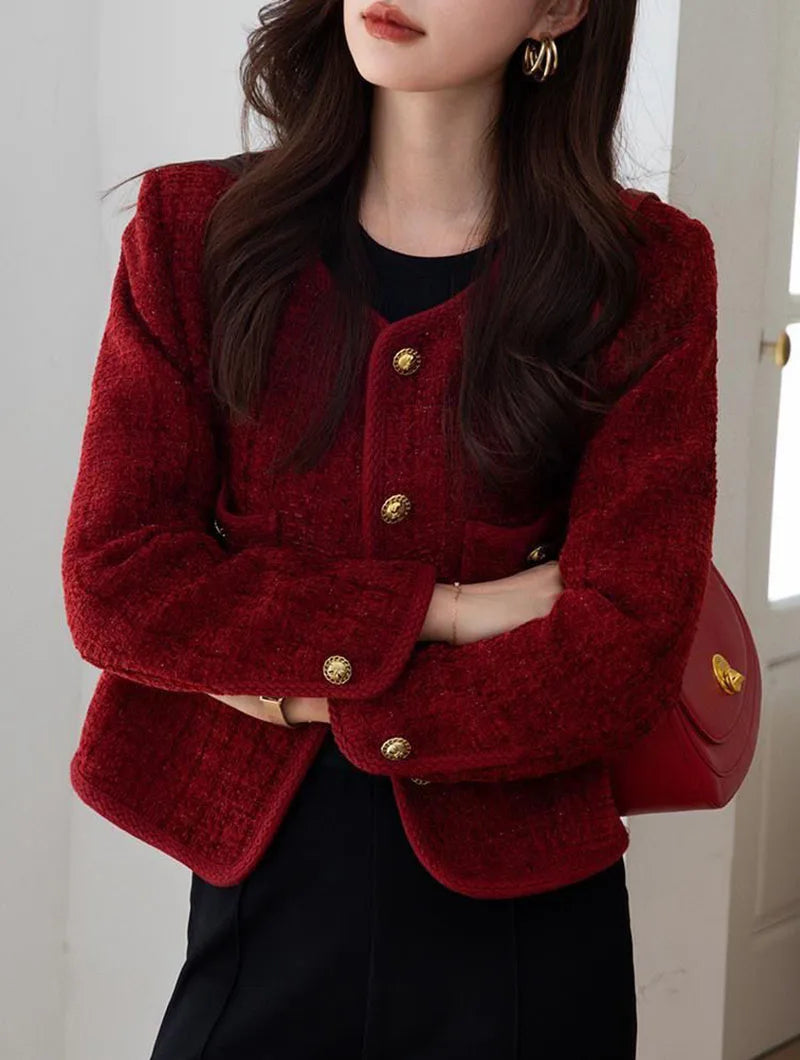 Elegant Single Breasted Long Sleeve O-Neck Outerwear Tweed Coats