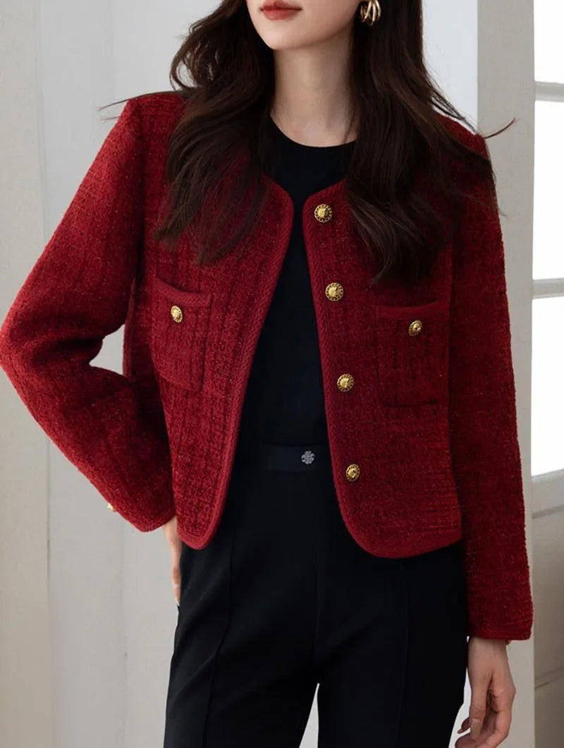Elegant Single Breasted Long Sleeve O-Neck Outerwear Tweed Coats