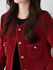Elegant Single Breasted Long Sleeve O-Neck Outerwear Tweed Coats