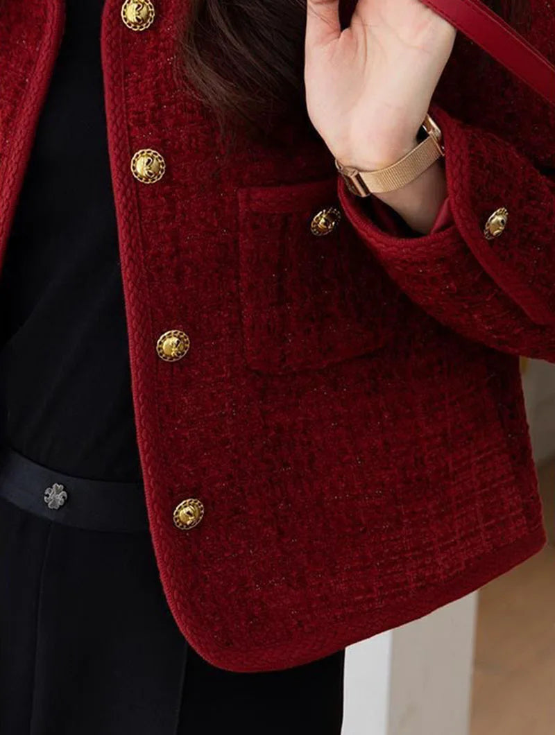 Elegant Single Breasted Long Sleeve O-Neck Outerwear Tweed Coats