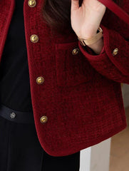 Elegant Single Breasted Long Sleeve O-Neck Outerwear Tweed Coats