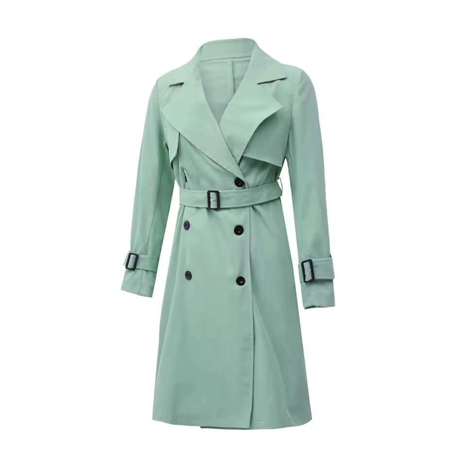 Elegant Long Trench Coat Double Breasted Sashes Casual Office Outerwear Jacket
