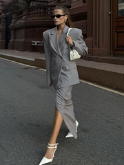 Elegant Loose Blazer With High Waist Slit Long Skirt 2 Piece Sets