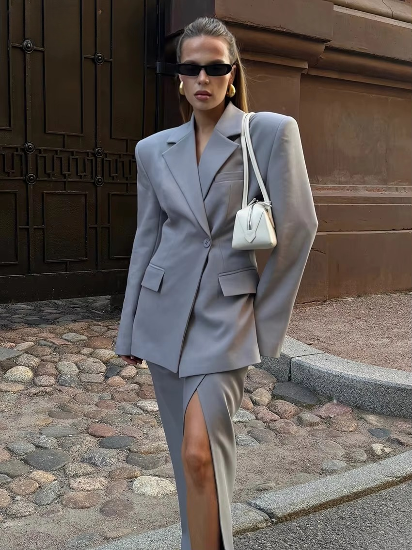 Elegant Loose Blazer With High Waist Slit Long Skirt 2 Piece Sets
