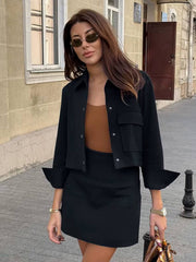 Elegant Loose Long Sleeve Shirt With High Waist Mini Skirt 2 Piece Set