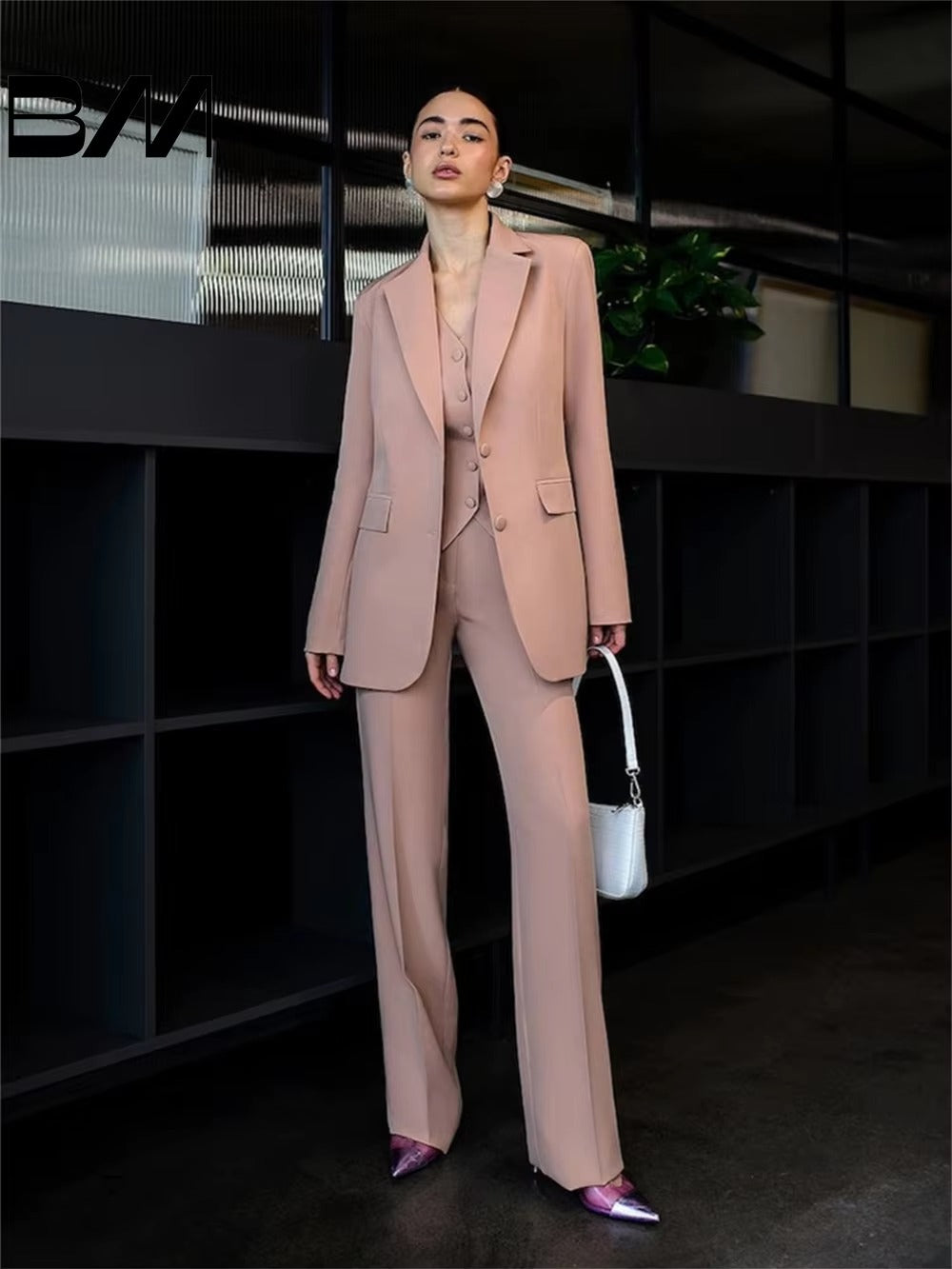 Elegant Notched Button Jacket Wide leg Pants Classic Solid Color Formal Wedding 3-Piece Set Suit