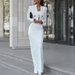 Elegant Notched Collar Double Breasted Silt Skirt And Blazer Two Pieces Set