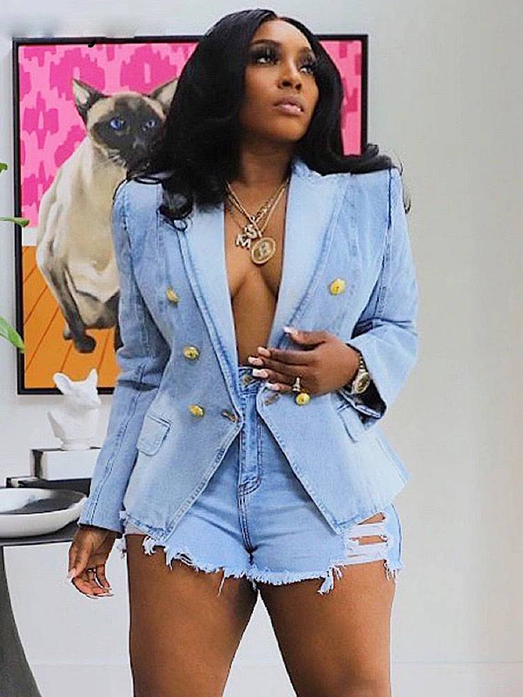 Elegant Notched Collar Long Sleeve Double Breasted Denim Slim Coats