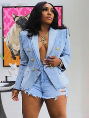 Elegant Notched Collar Long Sleeve Double Breasted Denim Slim Coats