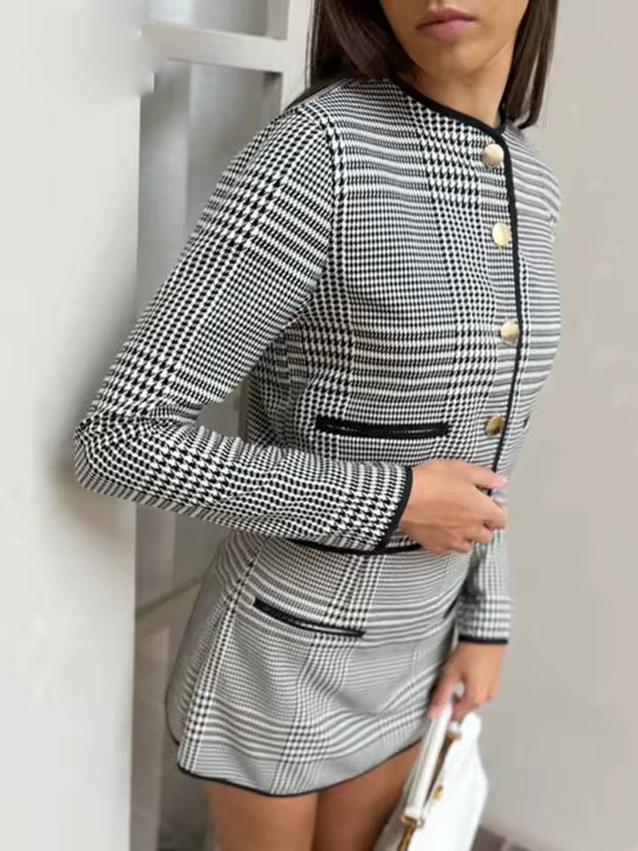 Elegant O-Neck Button Shirts And High Waist Pockets Mini Skirts 2 Piece Set