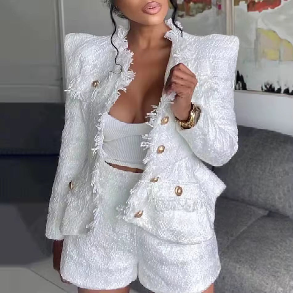 Elegant O-Neck Long Sleeve Single Breasted Jacket And Short 2 Two-Piece Set