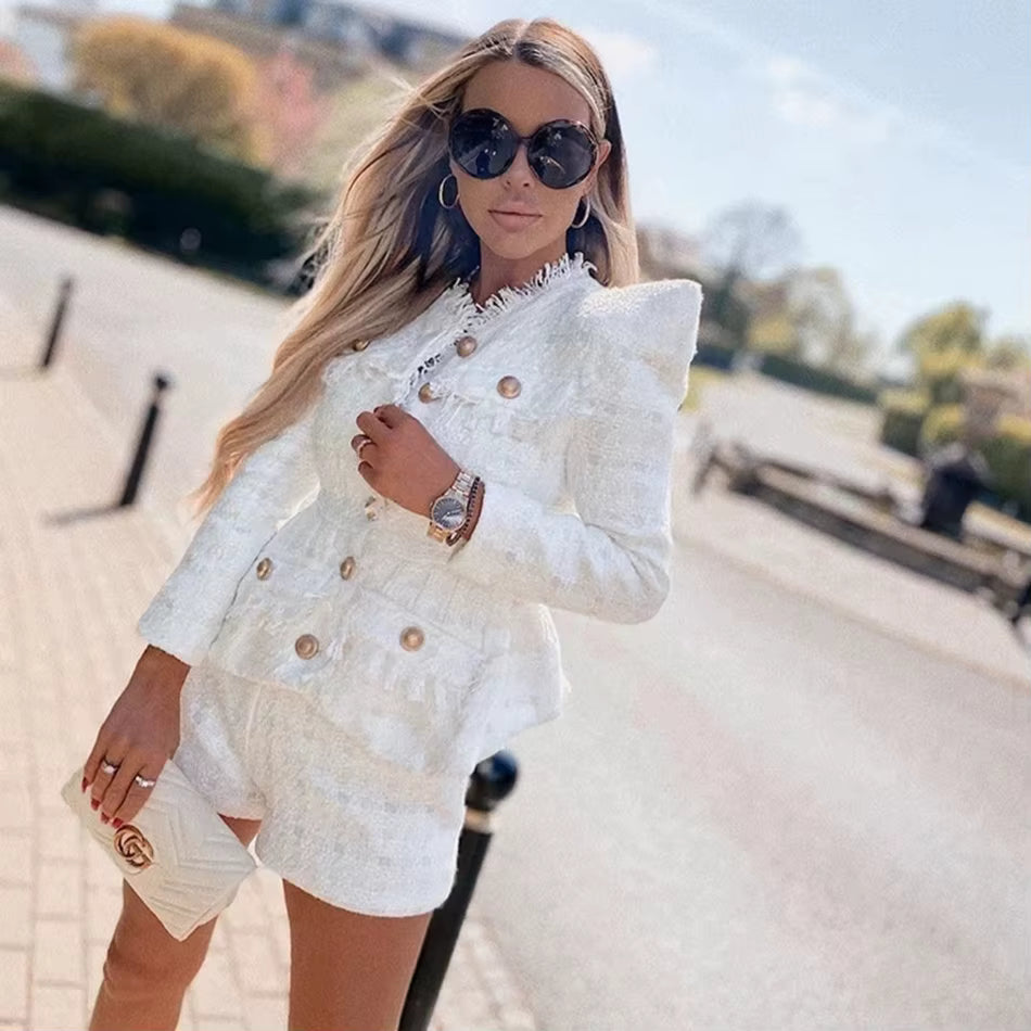 Elegant O-Neck Long Sleeve Single Breasted Jacket And Short 2 Two-Piece Set