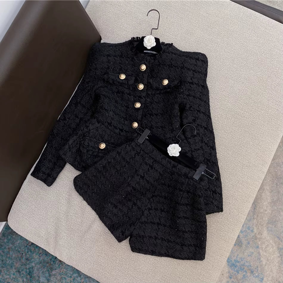 Elegant O-Neck Long Sleeve Single Breasted Jacket And Short 2 Two-Piece Set