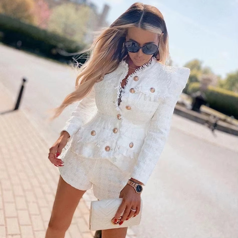 Elegant O-Neck Long Sleeve Single Breasted Jacket And Short 2 Two-Piece Set