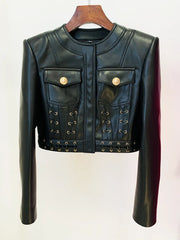 Elegant O-neck Rope Lace-Up Trimmed Artificial Leather Designer Blazer