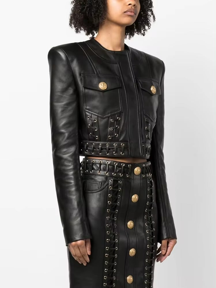 Elegant O-neck Rope Lace-Up Trimmed Artificial Leather Designer Blazer