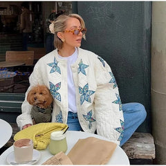 Elegant O-neck Star Floral Print Quilted Bomber Jacket