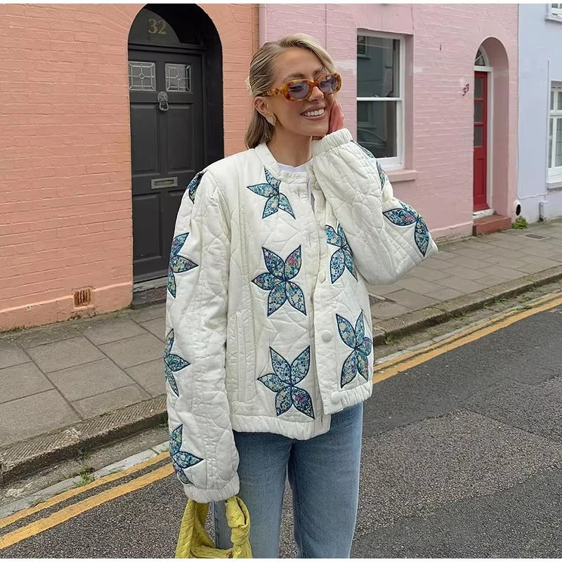 Elegant O-neck Star Floral Print Quilted Bomber Jacket