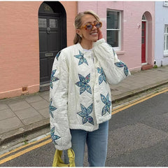 Elegant O-neck Star Floral Print Quilted Bomber Jacket