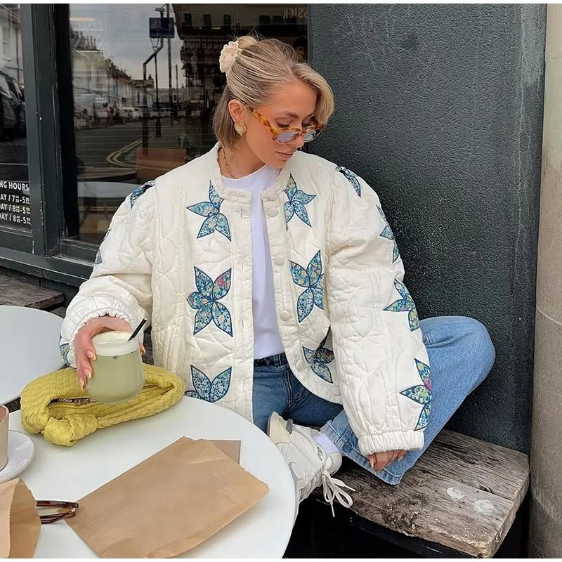 Elegant O-neck Star Floral Print Quilted Bomber Jacket