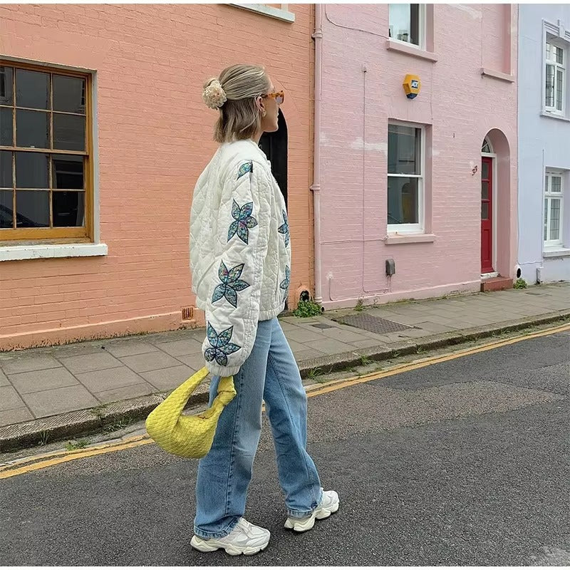 Elegant O-neck Star Floral Print Quilted Bomber Jacket