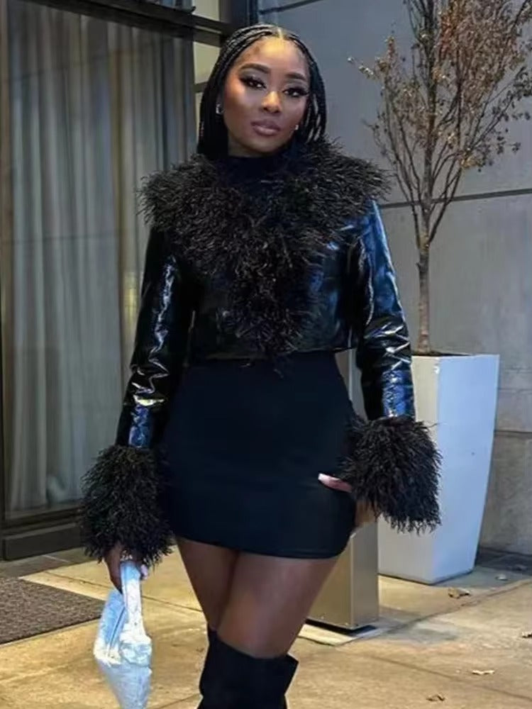 Elegant PU Leather Fur Tassel Patchwork Shiny Long Sleeve Short Jacket