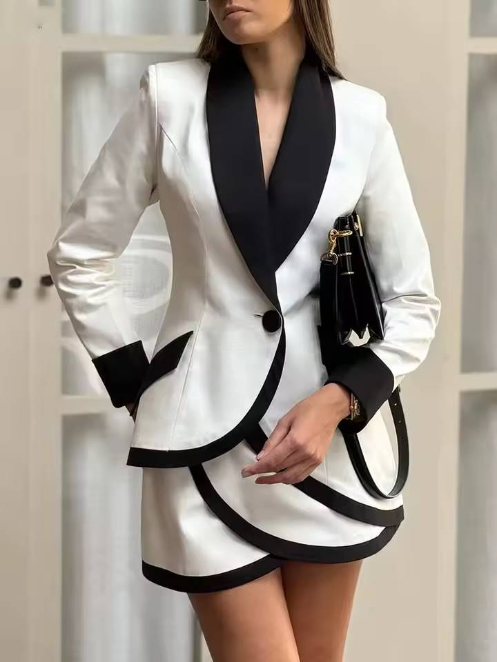 Elegant Patchwork Single Button Pockets Shirts And Mini Skirts 2 Piece Set