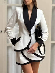 Elegant Patchwork Single Button Pockets Shirts And Mini Skirts 2 Piece Set