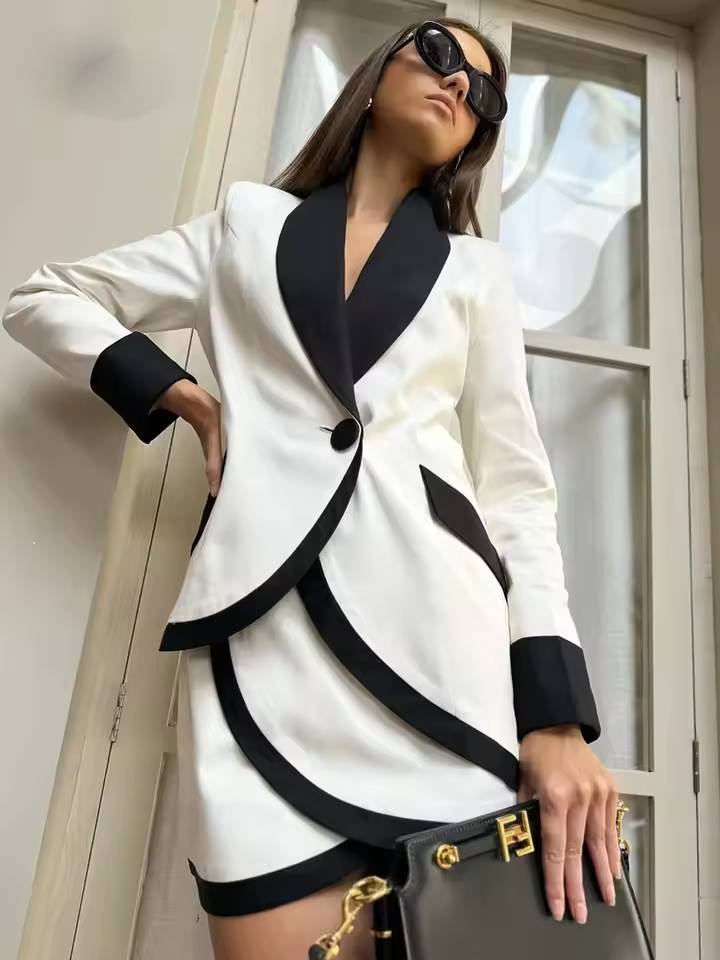 Elegant Patchwork Single Button Pockets Shirts And Mini Skirts 2 Piece Set